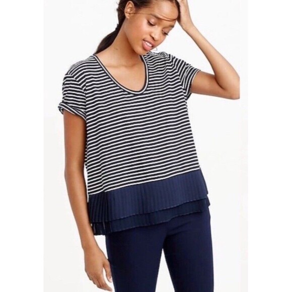 J Crew Pleated Chiffon Hem Blue & White Striped T-shirt Size S Small EUC!! - Picture 1 of 5